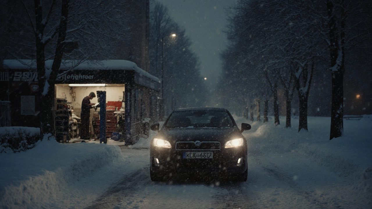 Машина едет по снежной улице в Казани вечером, за ней — гараж.