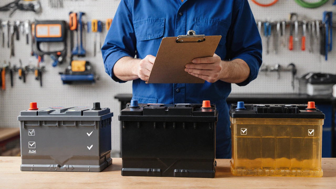 Механик у стола с тремя типами аккумуляторов, выбирает оптимальный вариант.
