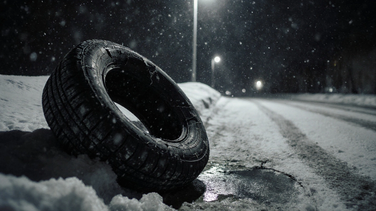 Поврежденная всесезонная шина на снегу с трещинами и отколотыми кусками протектора.