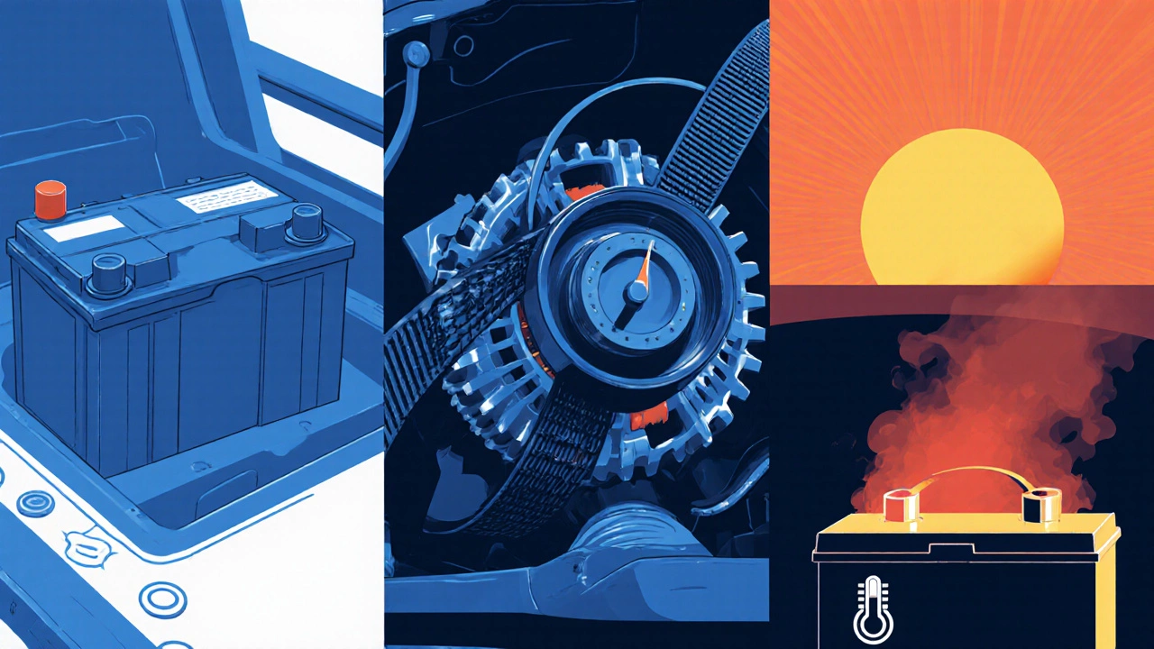 Разделённый рисунок: перегрузка генератора, лишний вес батареи и перегрев в жару.