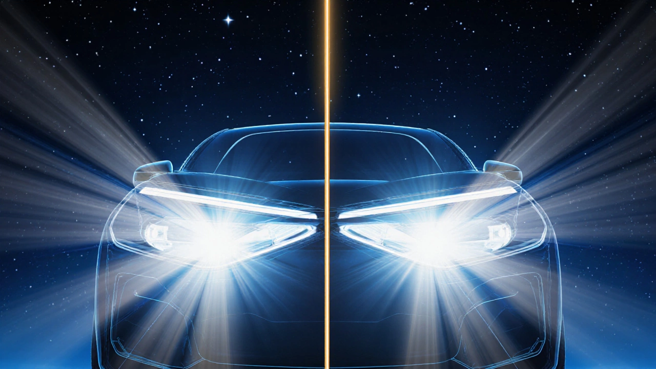 Схематичное изображение световых пучков H4 и H7 в ночном небе.