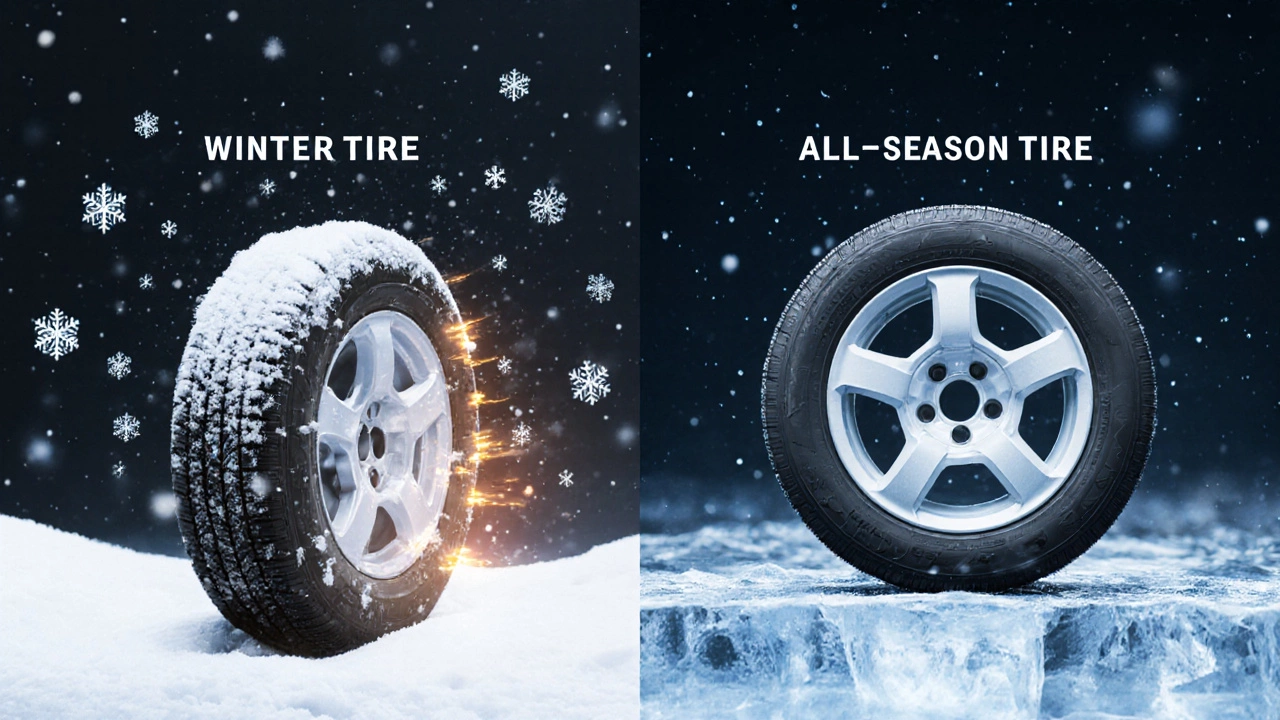 Сравнение зимней и всесезонной шины: одна цепляется за лед, другая скользит.
