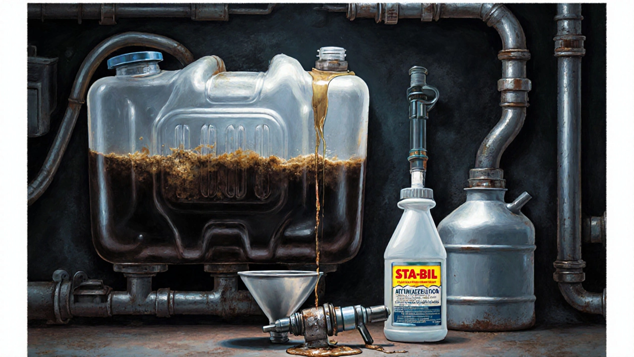Темное загрязненное топливо в баке с осадком, рядом — стабилизатор и чистый бензин.