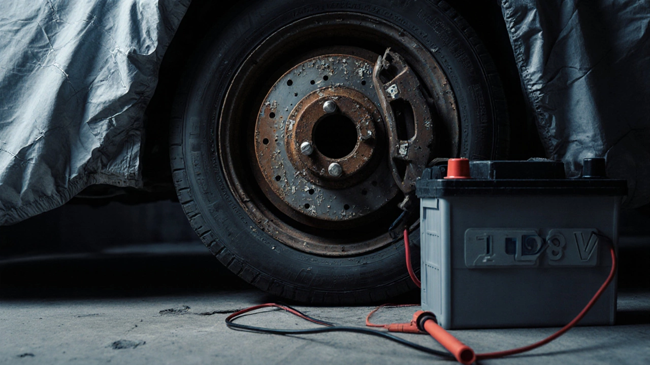 Треснувшая шина, ржавый тормозной диск и разряженный аккумулятор на полу гаража.