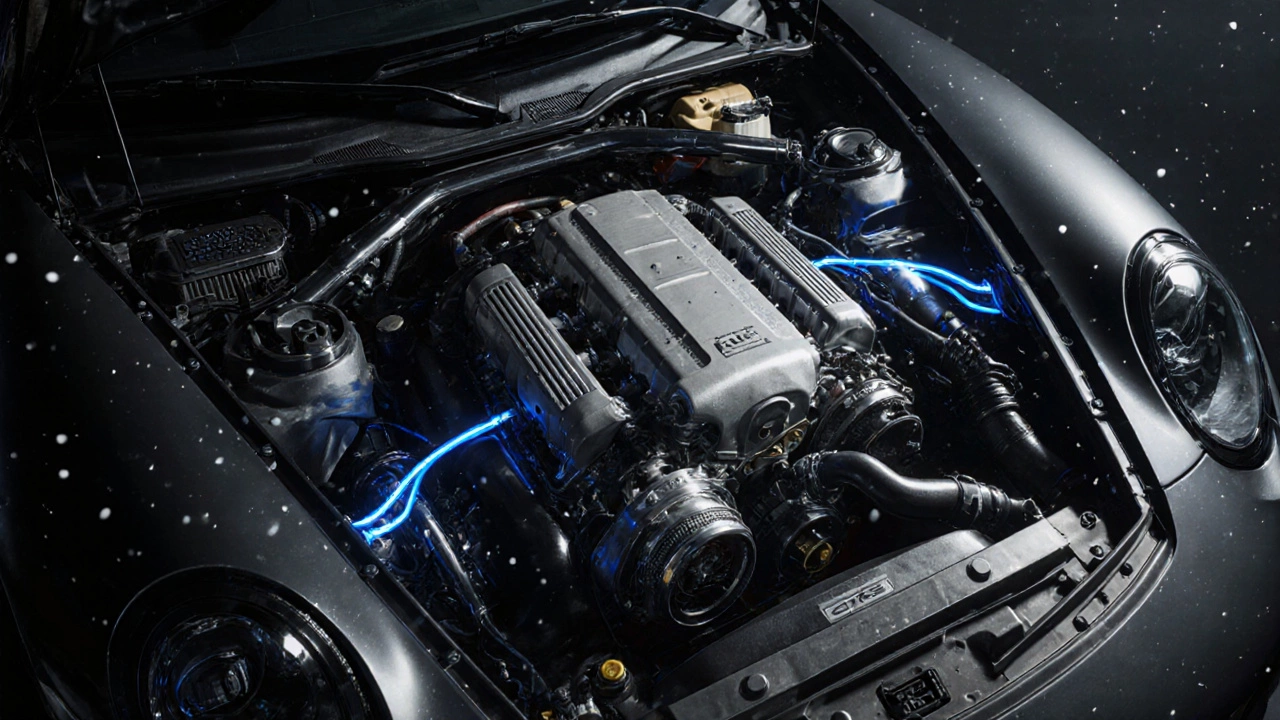 Детализированный вид двигателя RUF CTR3 с титановыми клапанами и двойными турбинами, освещённого в студийном свете.