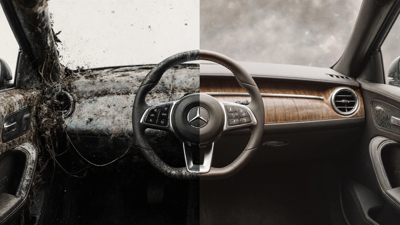 Контраст двух стилей тюнинга: потрёпанная сторона и идеально чистая сторона одной машины.