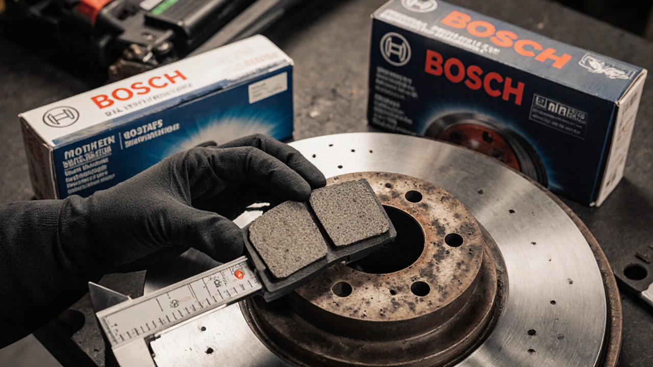 Механик измеряет толщину изношенной тормозной колодки, рядом — поддельная и оригинальная упаковки.