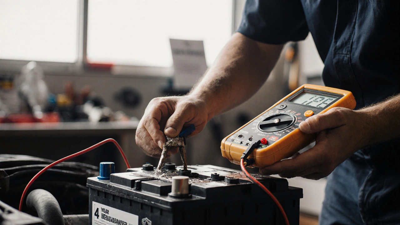 Механик очищает клеммы аккумулятора, рядом мультиметр и новый аккумулятор с гарантией.
