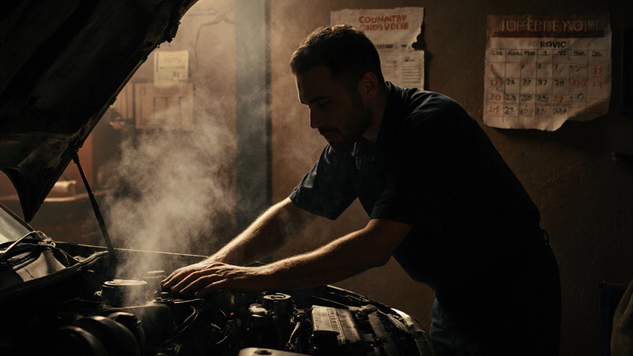 Механик прикасается к перегревающемуся двигателю в гараже, за ним — календарь обслуживания.