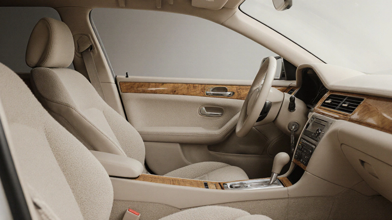 Минималистичный автомобиль в пастельных тонах с полированным деревом и мягким освещением.