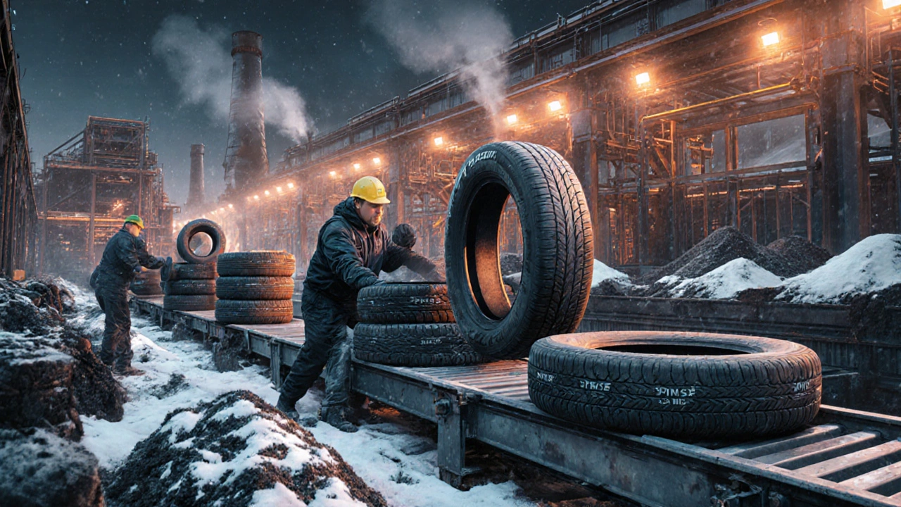 Производственная линия по изготовлению шин в российском заводском цеху с маркировкой 3PMSF.