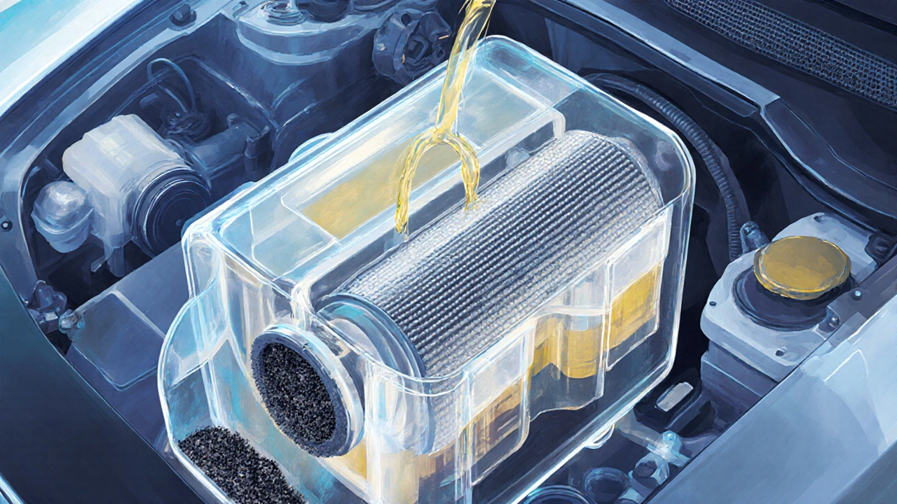 Прозрачный двигатель с чистым маслом и фильтрами, блокирующими загрязнения.