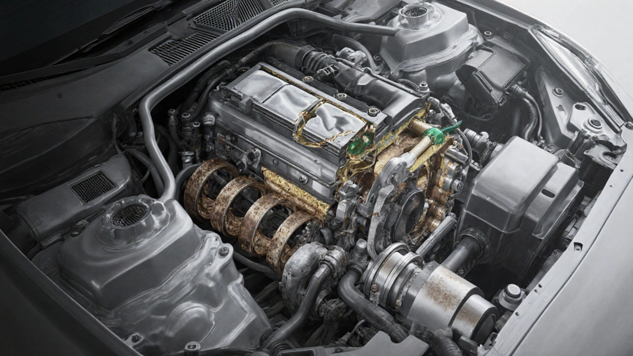 Разрез двигателя с изношенными поршневыми кольцами и металлической стружкой внутри.