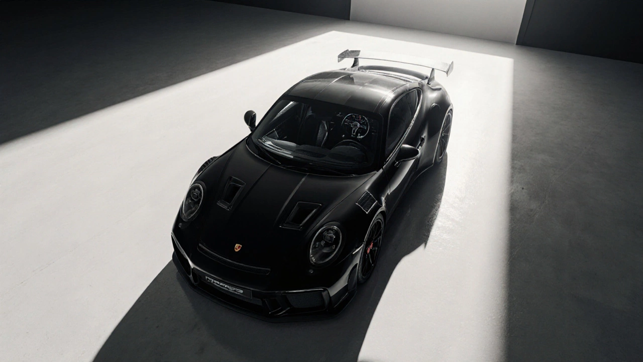 RUF CTR3 в белом пространстве под одним прожектором, только силуэт машины и намёк на интерьер — символ редкости и наследия.