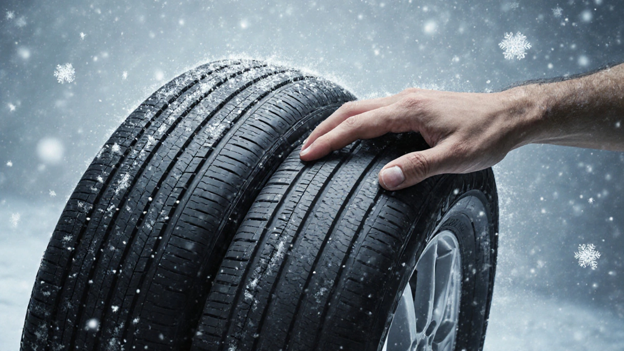 Рука давит на зимнюю и летнюю шины — разница в мягкости резины