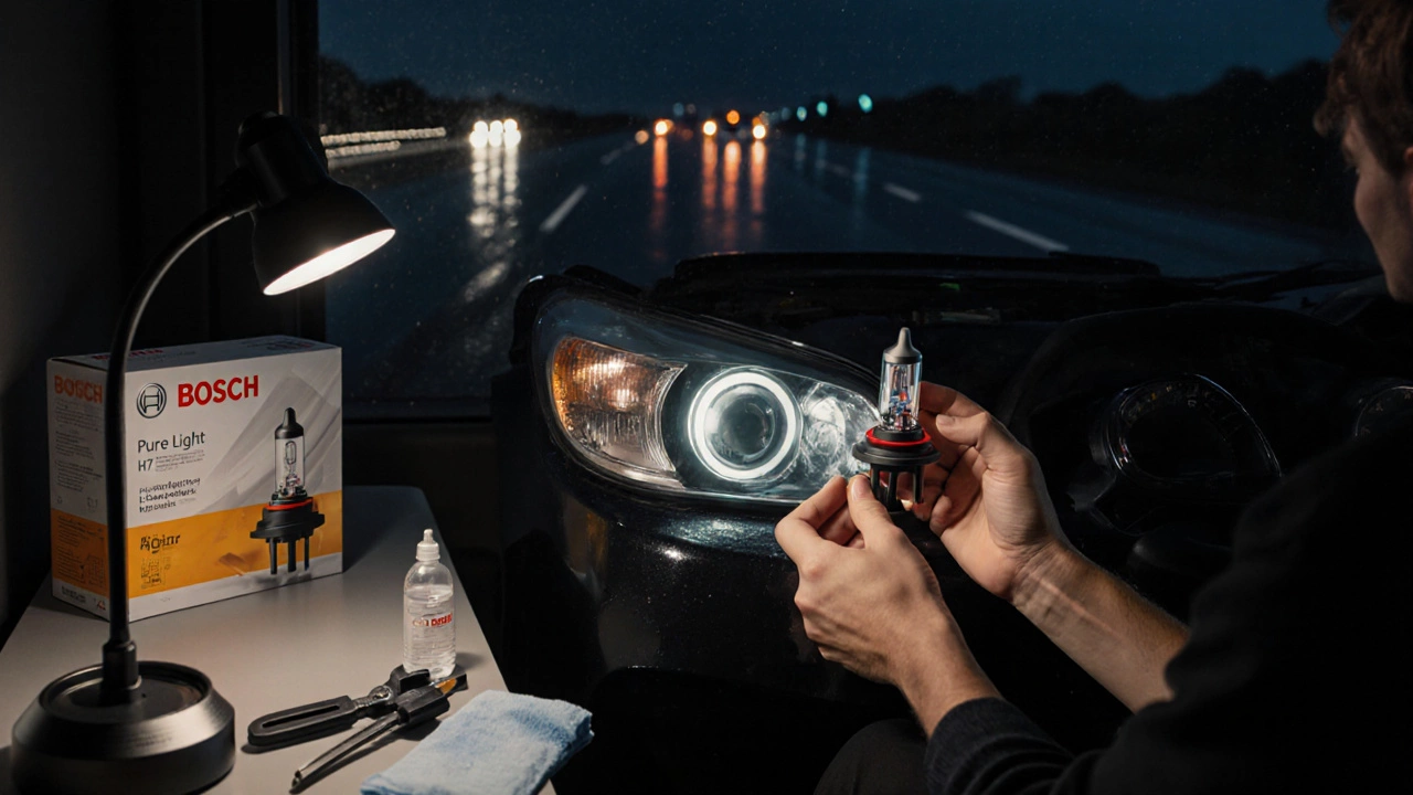 Руки человека аккуратно устанавливают лампу H7 в фару, избегая прикосновений к стеклу.