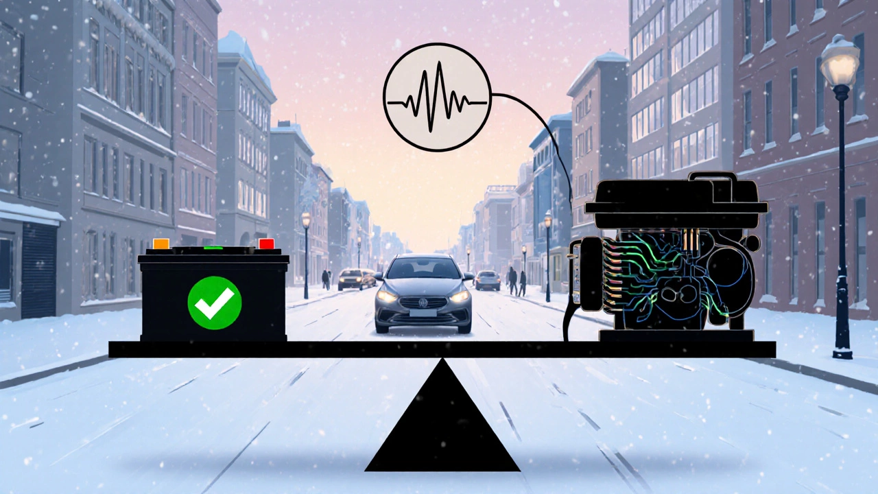 Схематичное изображение дисбаланса между генератором и слишком большим аккумулятором на зимней улице.