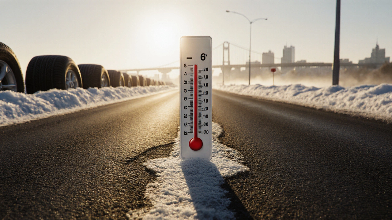 Термометр на асфальте показывает +6°C, зимние и летние шины по разные стороны дороги