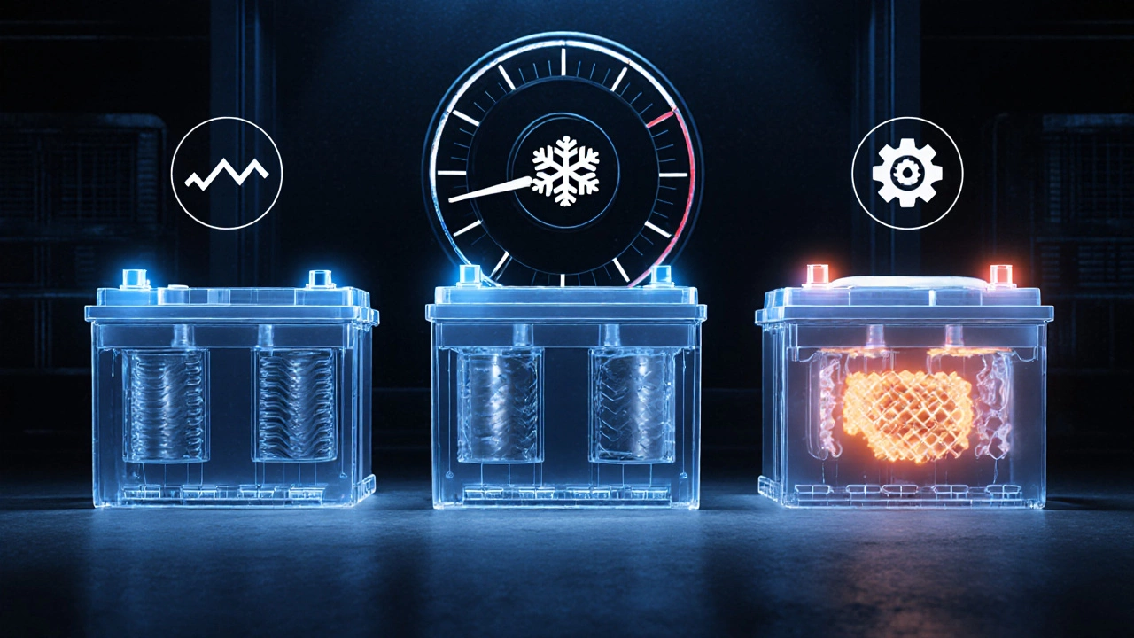 Три типа аккумуляторов: стандартный, EFB и AGM, с визуализацией их внутренних особенностей.