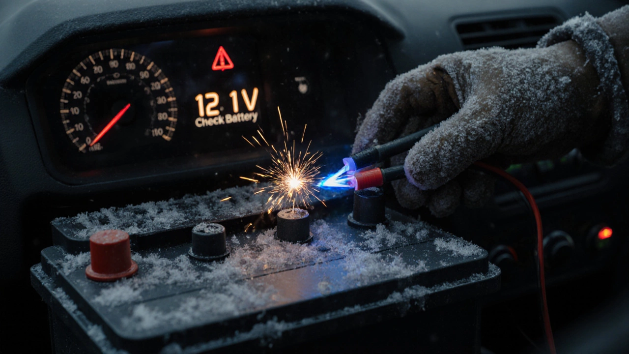 Замерзшие клеммы аккумулятора с искрами и предупреждением о неисправности батареи.