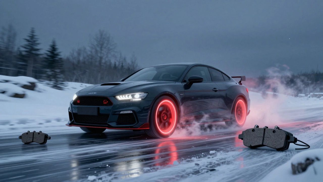 Автомобиль на заснеженной дороге с видимыми следами торможения и раскаленными дисками.