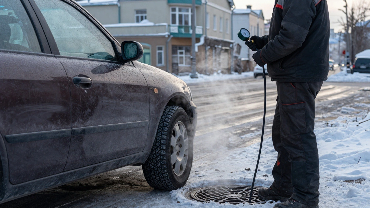 Автомобиль с треснувшими всесезонными шинами на заснеженной улице российского города.