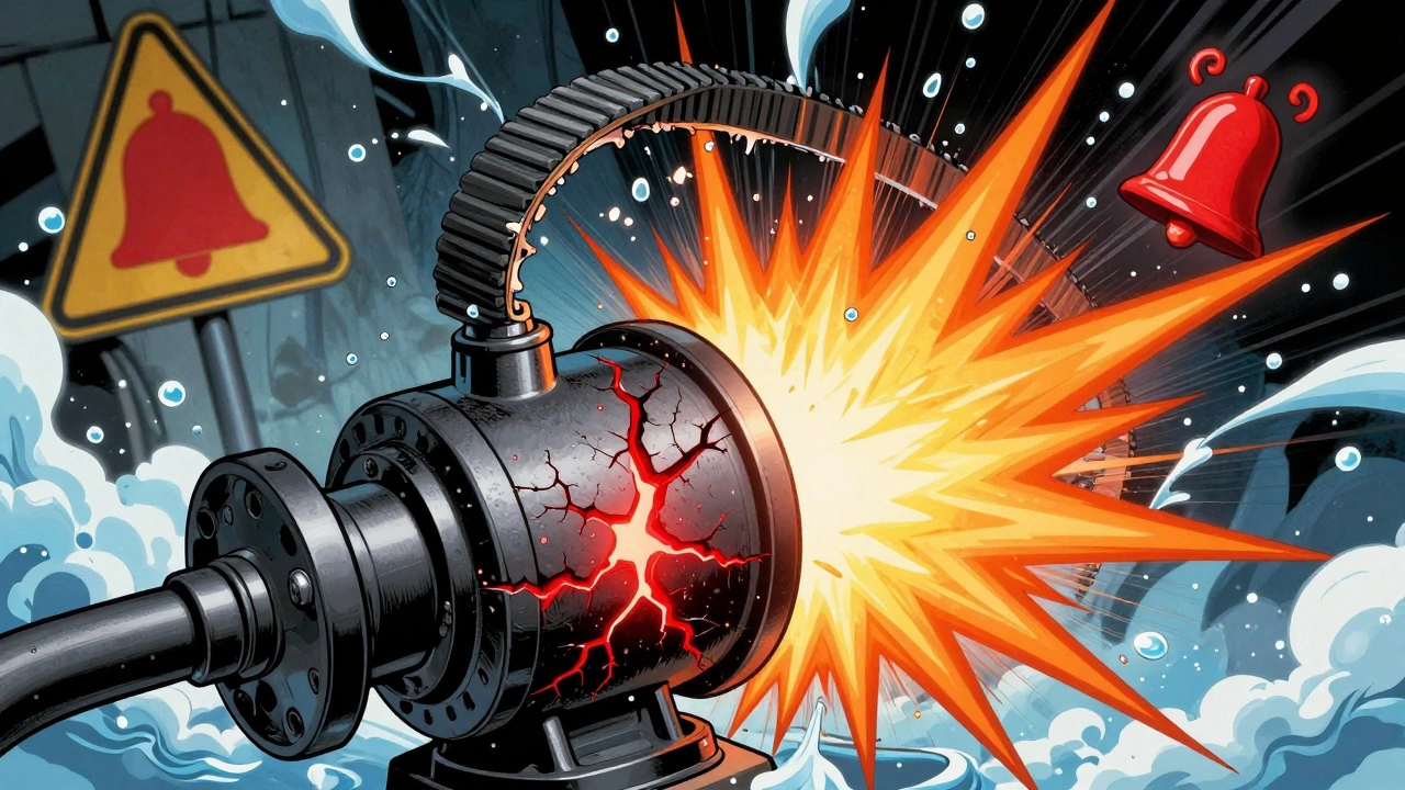 Художественное изображение разрушающегося водяного насоса с визгом, разрывающимся ремнём ГРМ и брызгами антифриза в стиле комикса.