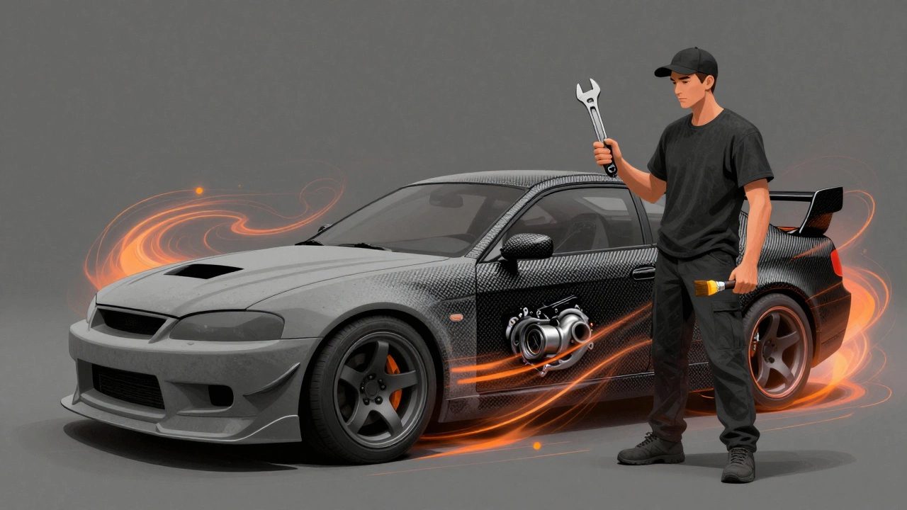 Художник-тюнер с гаечным ключом и кистью, создающий трансформацию автомобиля.