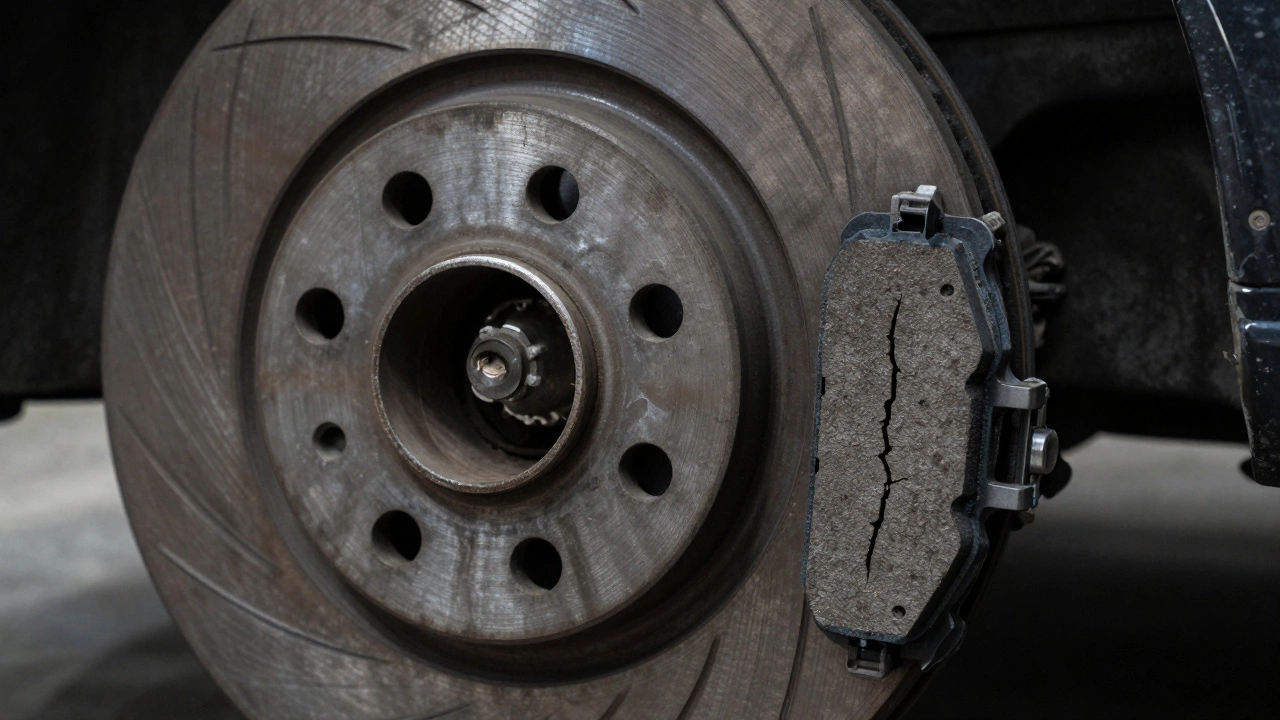 Изношенный тормозной диск с глубокими царапинами и неровной поверхностью рядом с новой колодкой.