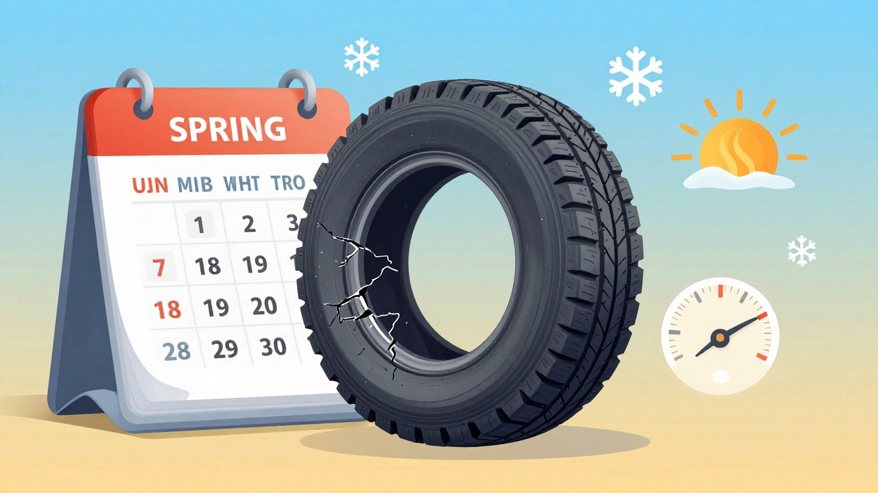 Календарь, переходящий от лета к зиме, с изношенной шиной в центре, символизирующий сезонные нагрузки.