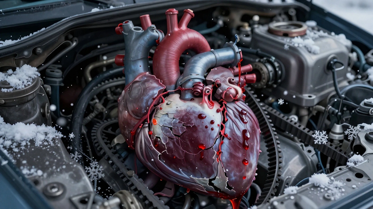 Концептуальная иллюстрация мотора как сердца: водяной насос — повреждённый клапан, антифриз течёт как кровь, ремень ГРМ — сломанный сухожилие под снегом.
