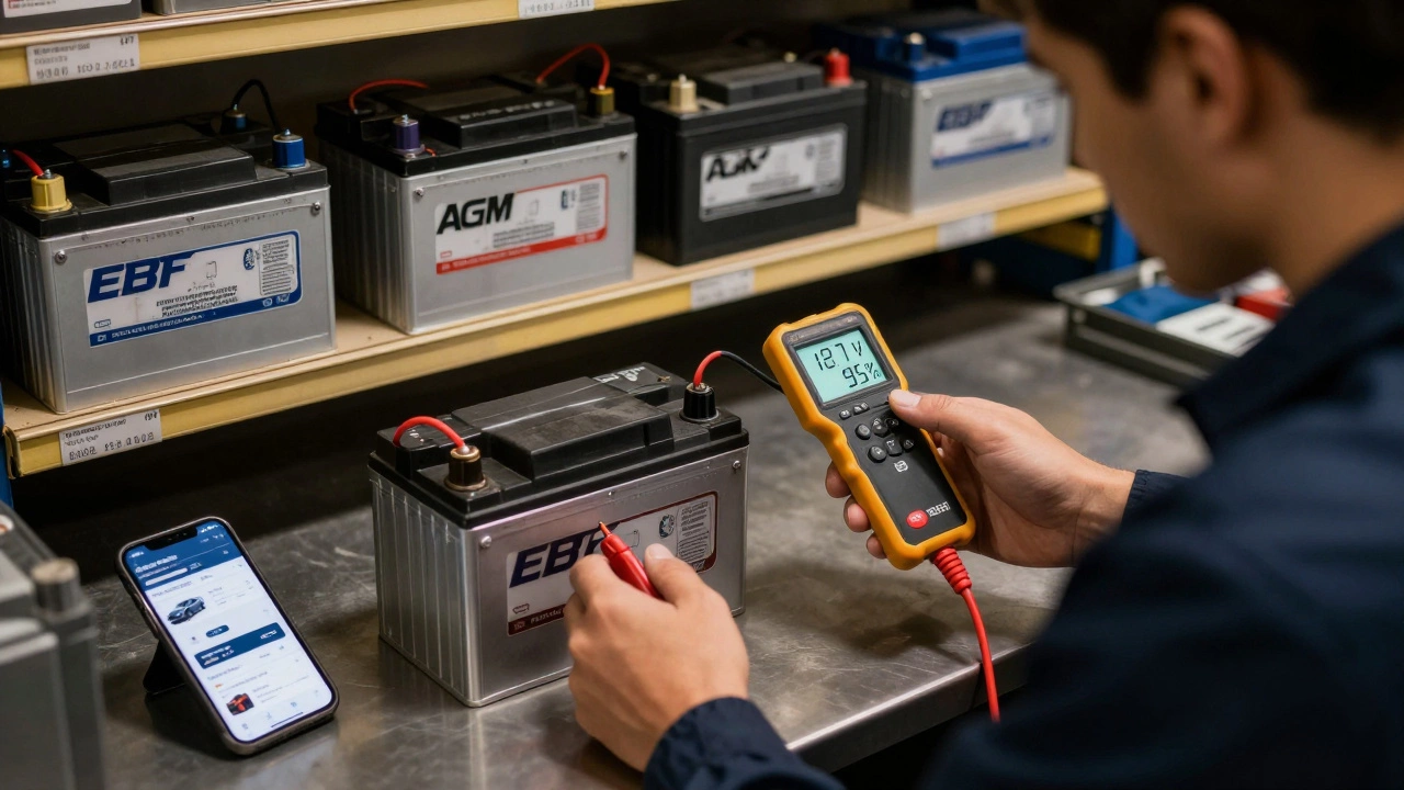 Механик проверяет новый AGM-аккумулятор с помощью тестера, на экране которого отображаются параметры заряда.