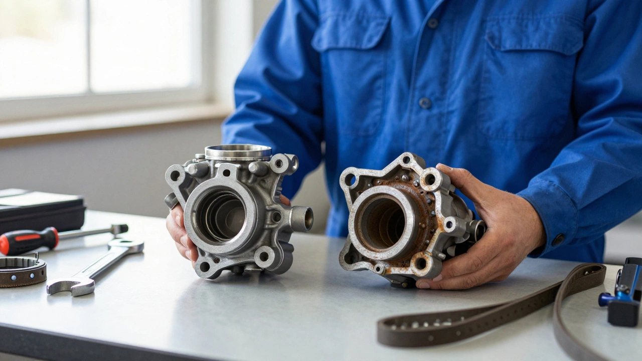 Механик сравнивает старый и новый насос охлаждения на рабочем столе в автосервисе.