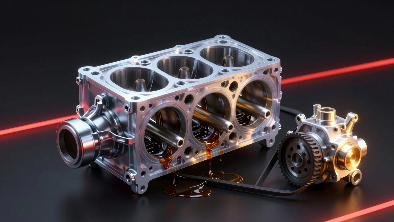 Прозрачный двигатель с разрушением от перегрева и новым насосом, символизирующим профилактику.