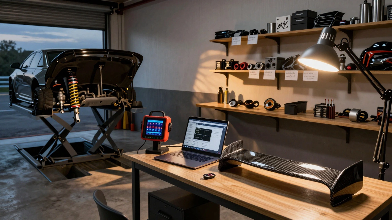Рабочий цех тюнера: подвеска, ЭБУ и спойлер — всё для индивидуальной настройки машины.