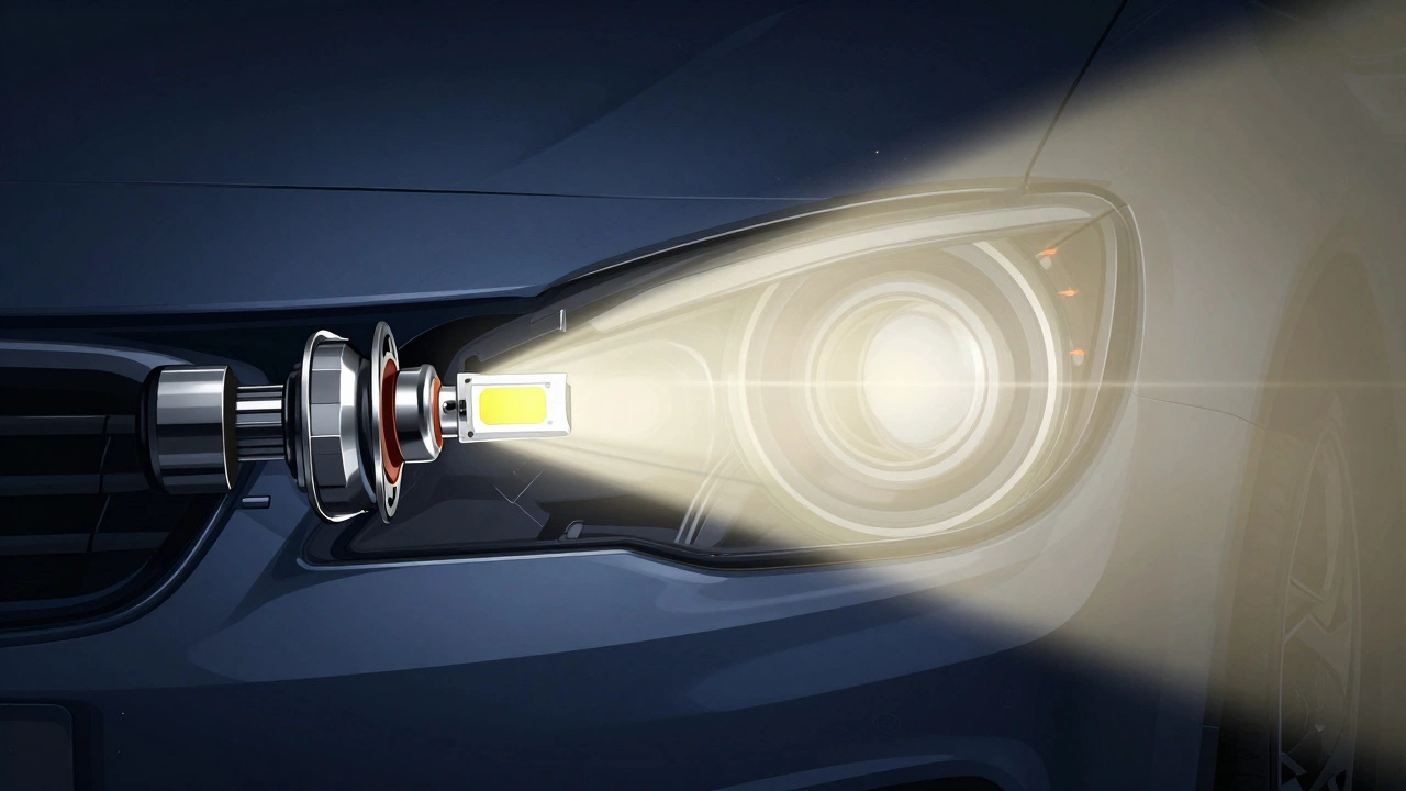 Разрез фары: светодиодные чипы точно выровнены по месту нити накаливания, свет фокусируется правильно, без бликов.