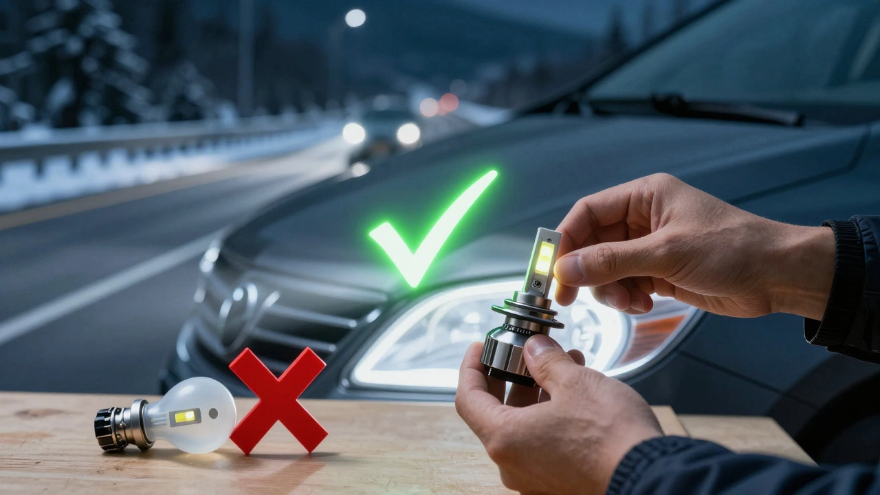 Руки заменяют лампочку: сертифицированный светодиод с зелёной галочкой, дешёвый аналог с красным крестом на фоне дороги.