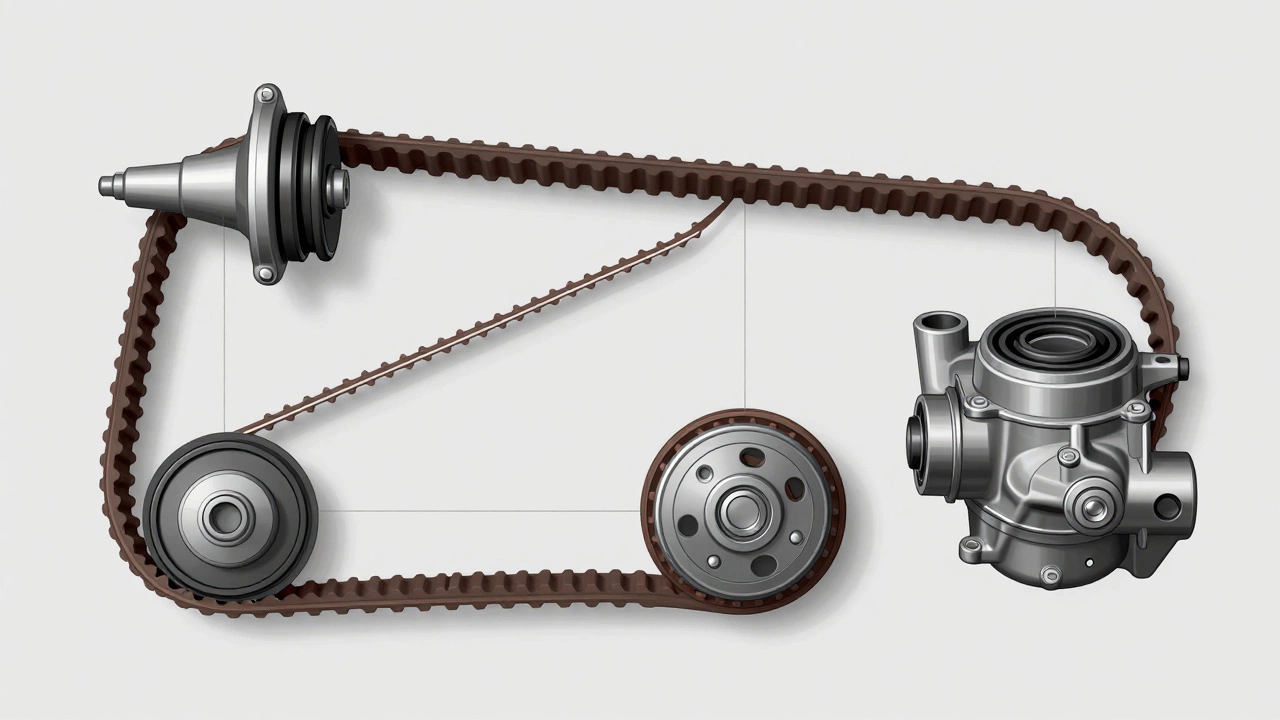 Схематичный вид системы ГРМ с изношенными роликами и ремнем.