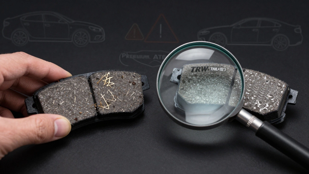 Сравнение внутренней структуры дешевых и качественных тормозных колодок под лупой.