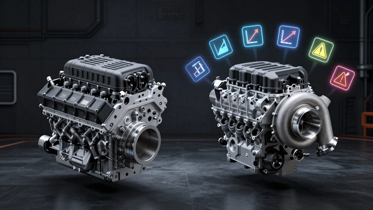 Сравнение заводского и доработанного двигателя с элементами мощности, расхода топлива и предупреждений.