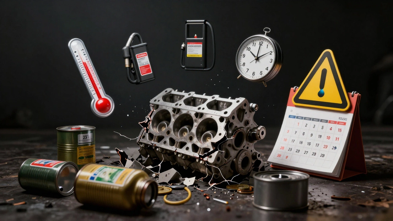 Трещина в блоке цилиндров среди использованных канистр масла и символов времени и холода.