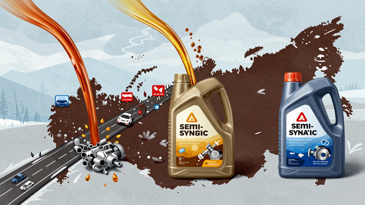 Три типа моторного масла текут по карте России с символами пробок, снега и трассы.