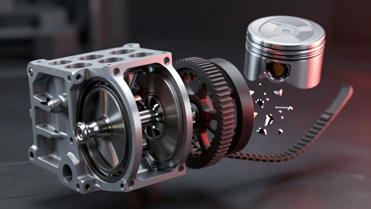 Внутреннее разрушение двигателя из-за обрыва ремня ГРМ, контрастирующее с новым ремнём.