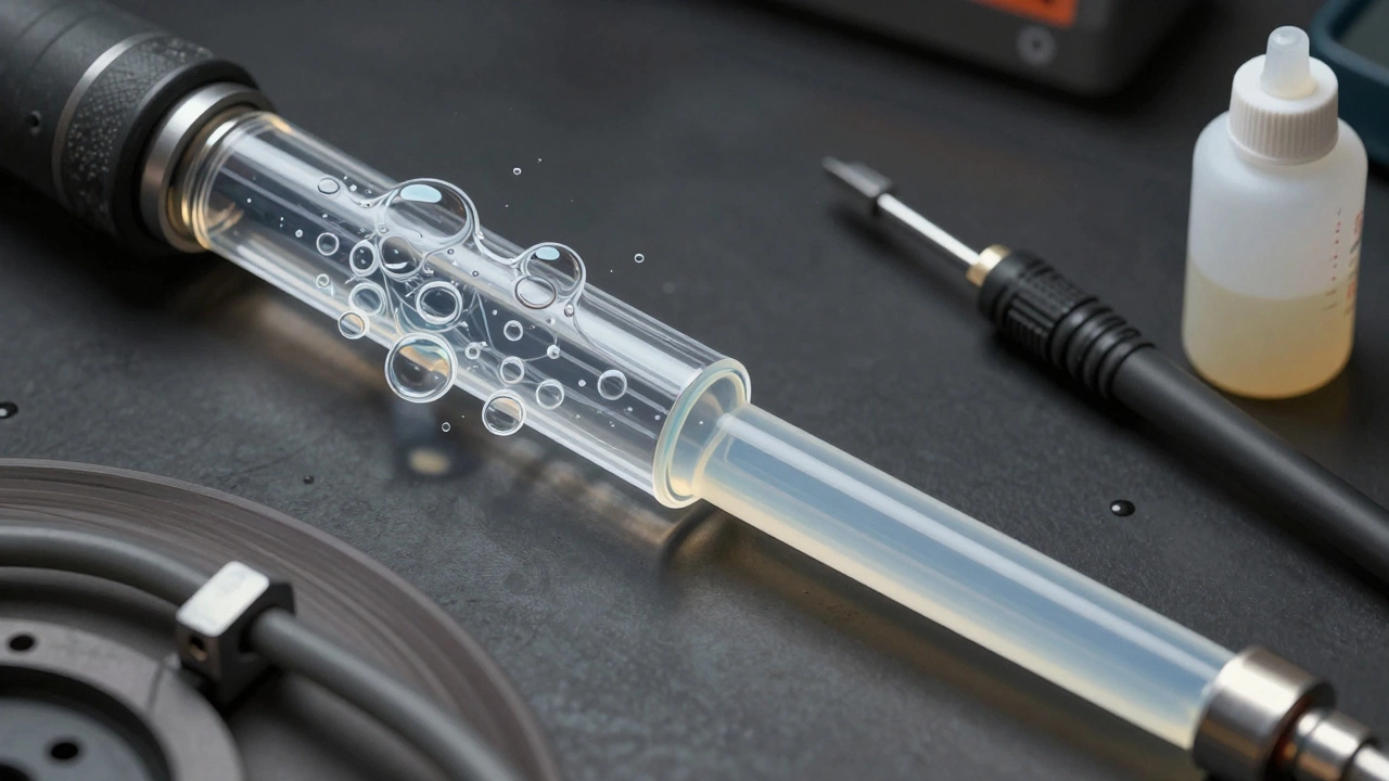 Воздушные пузырьки в тормозной магистрали, препятствующие нормальному давлению жидкости.