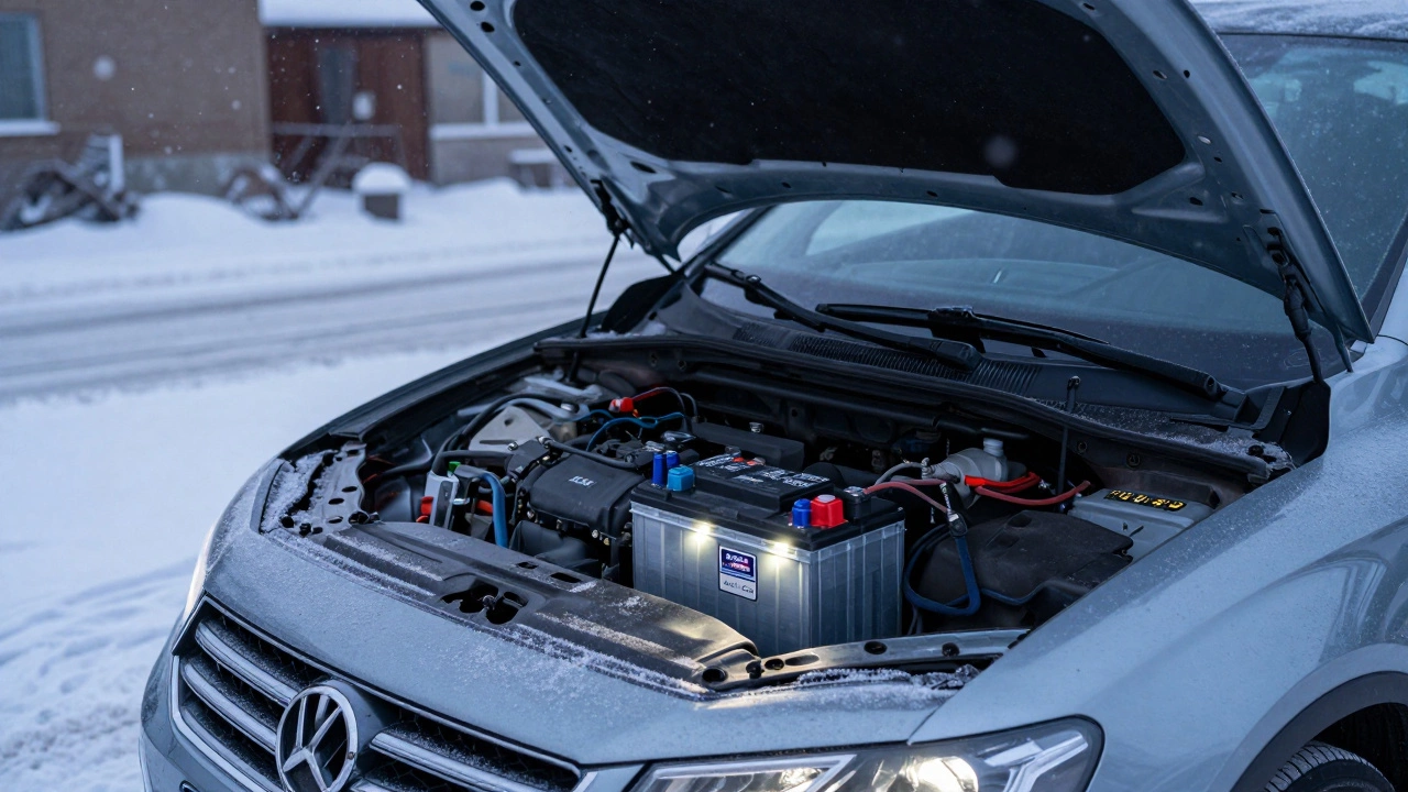 Зимой на снегу открыта капот машины с аккумулятором AGM высокой мощности, на фоне легкого снегопада.