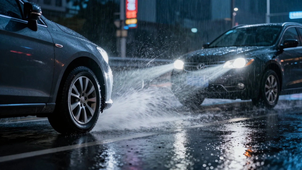 Две машины на мокрой дороге: одна безопасно едет, другая скользит