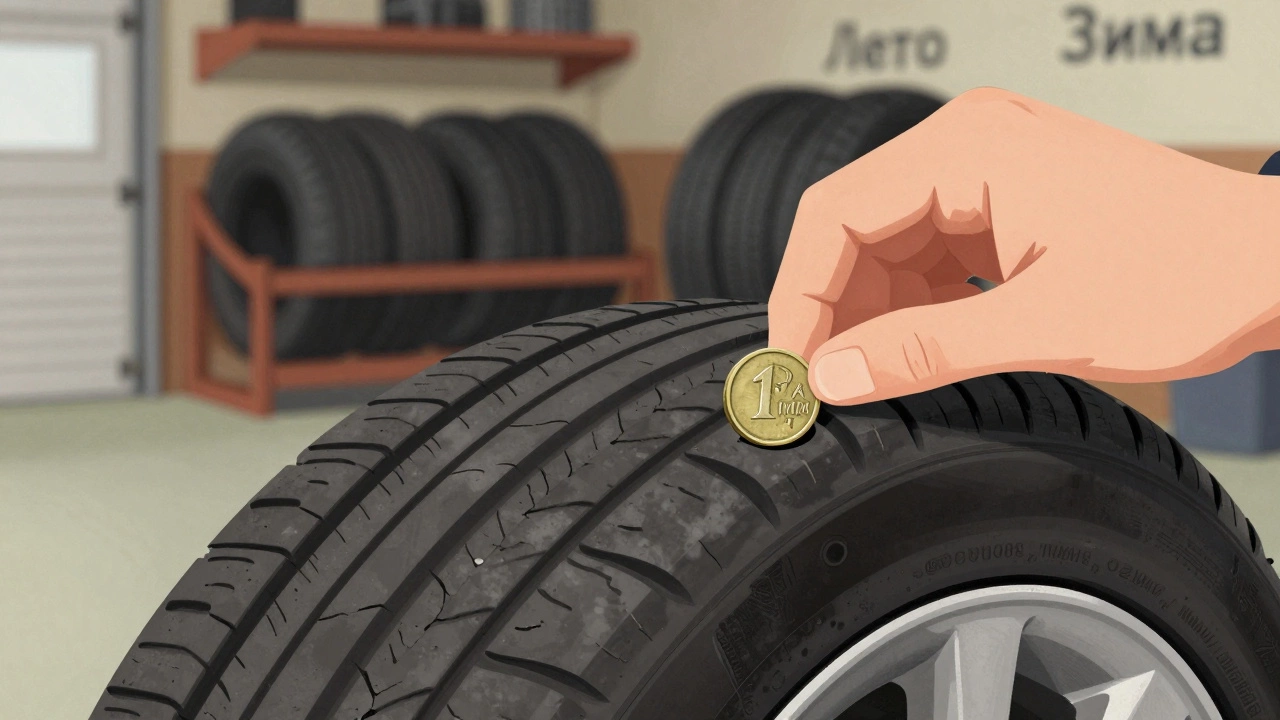 Проверка глубины протектора шины рублевой монетой — виден золотой край, что означает износ ниже 4 мм.