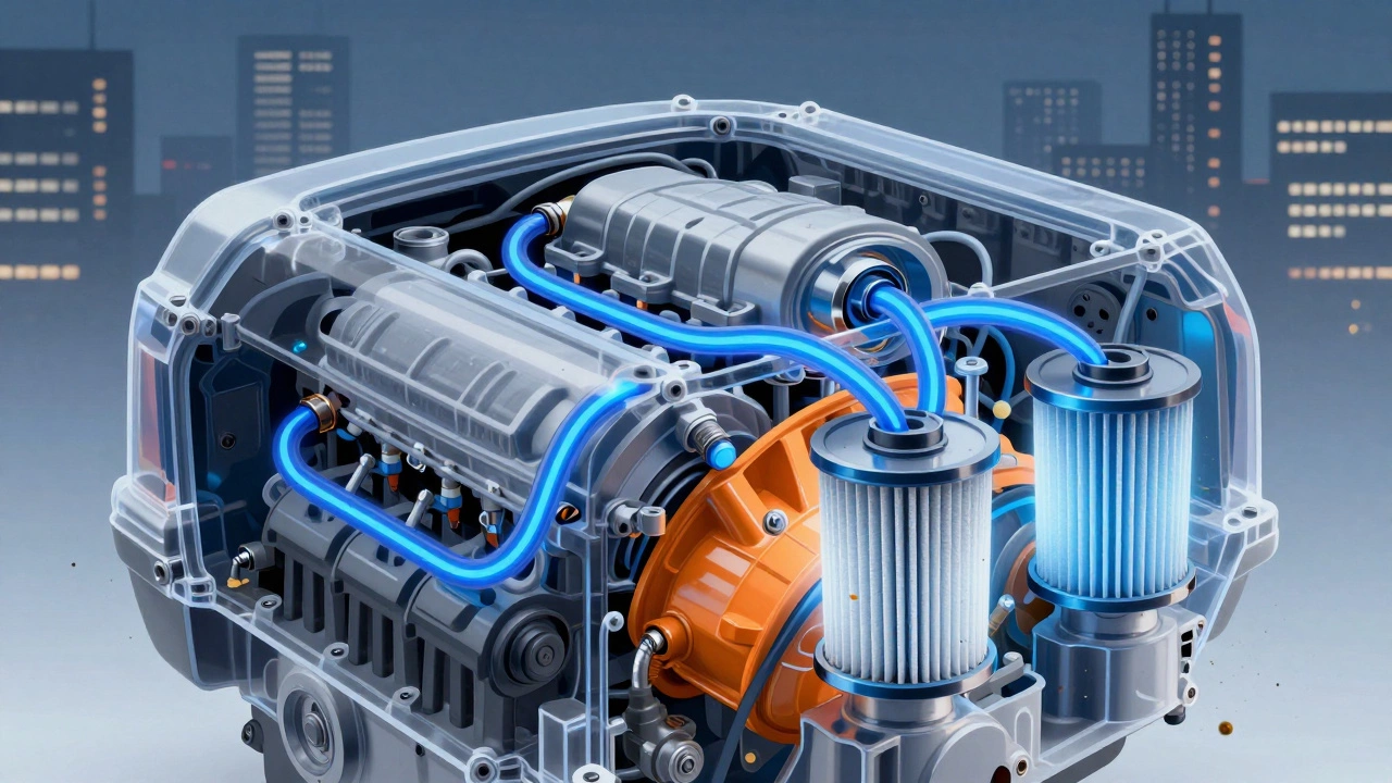 Прозрачный двигатель с циркулирующим маслом и фильтрами, очищающими систему от загрязнений.