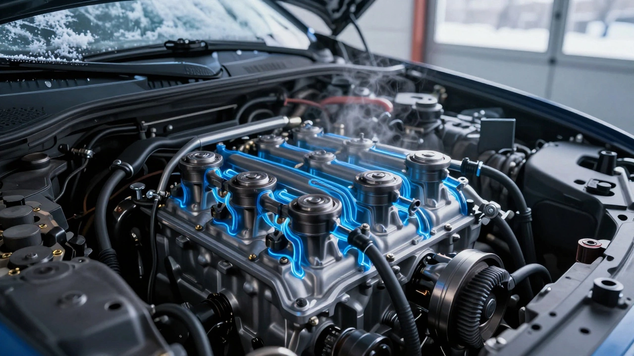 Работающий на холостых двигателя с визуализацией потока масла в холодную погоду.