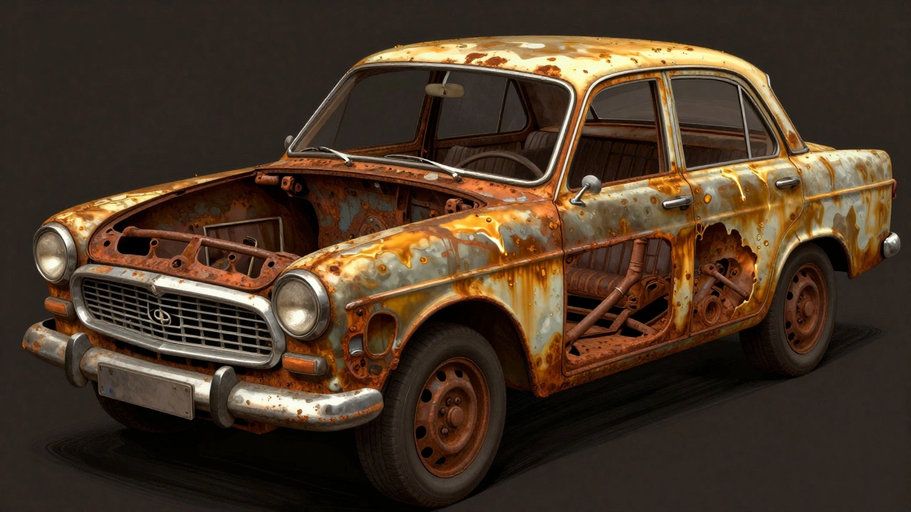 Разрез кузова классического автомобиля, показывающий распространение ржавчины и защитные антикоррозийные покрытия.